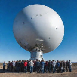 A group of people huddled around a large satellite under a bright blue sky.