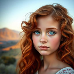 A single girl with wavy red hair, fair skin, light blue eyes, full lips, and a long face