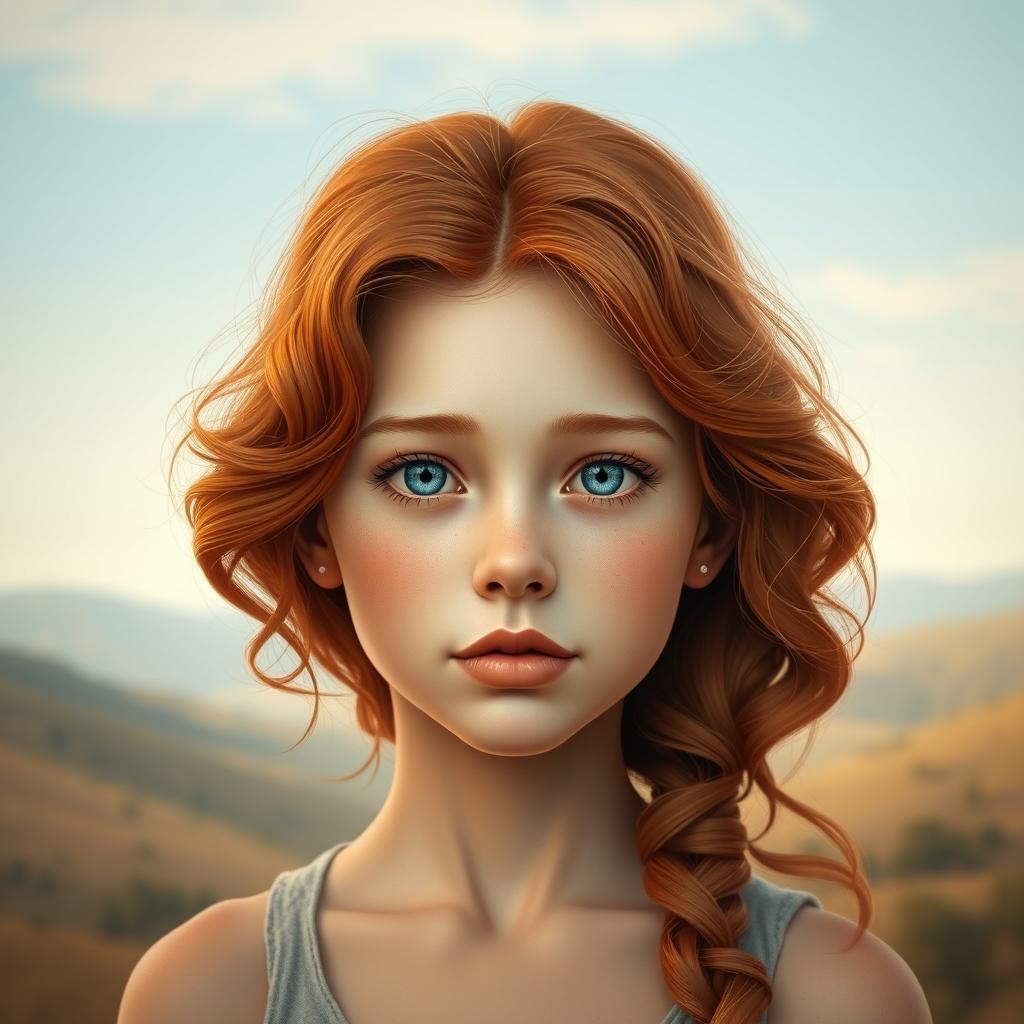 A single girl with wavy red hair, fair skin, light blue eyes, full lips, and a long face