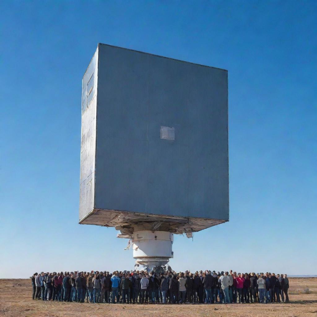 A group of people huddled around a large satellite under a bright blue sky.