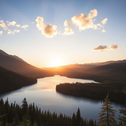 A beautiful landscape featuring a serene lake surrounded by lush forests and mountains in the background