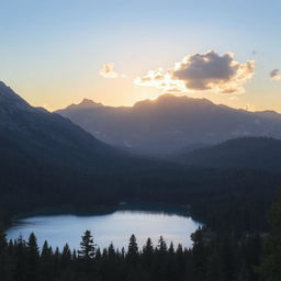 A beautiful landscape featuring a serene lake surrounded by lush forests and mountains in the background