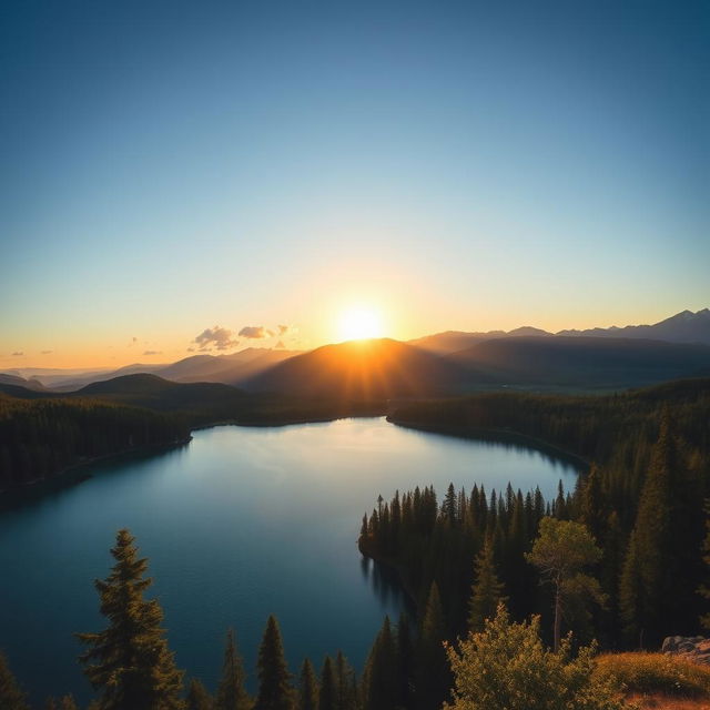 A beautiful landscape featuring a serene lake surrounded by lush forests and mountains in the background