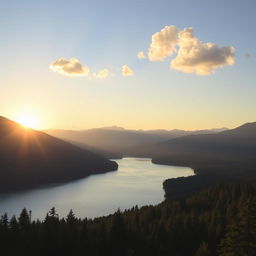 A beautiful landscape featuring a serene lake surrounded by lush forests and mountains in the background