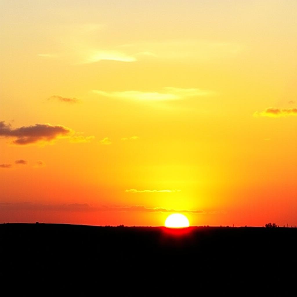 A beautiful sunset scene with the sun low on the horizon, casting a warm golden glow over a serene landscape