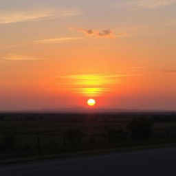 A beautiful sunset scene with the sun low on the horizon, casting a warm golden glow over a serene landscape