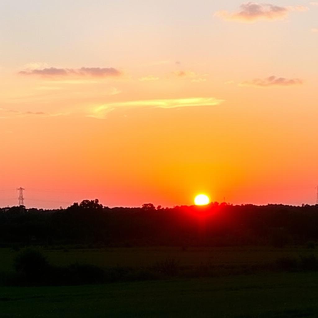 A beautiful sunset scene with the sun low on the horizon, casting a warm golden glow over a serene landscape