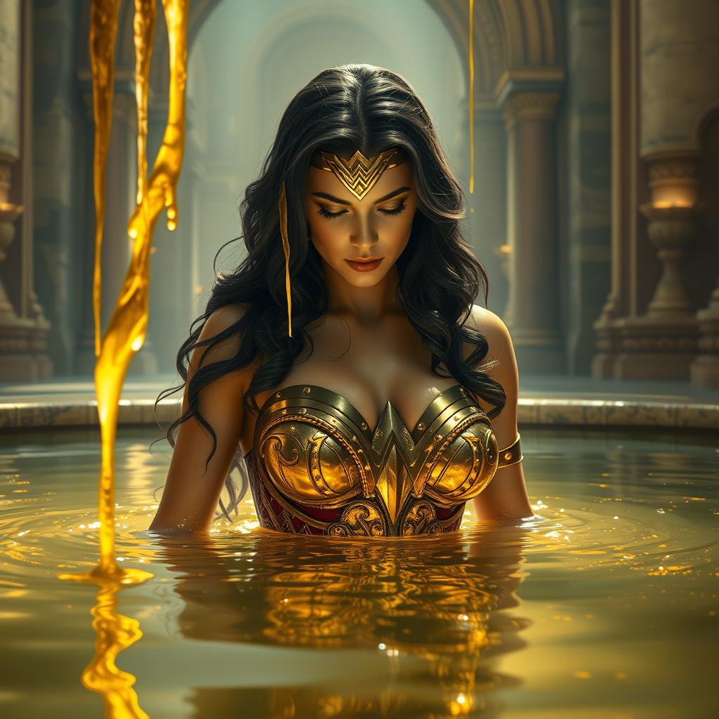 A stunning depiction of Wonder Woman bathing in a pool of dripping gold