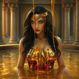 A stunning depiction of Wonder Woman bathing in a pool of dripping gold