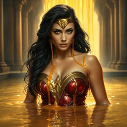 A stunning depiction of Wonder Woman bathing in a pool of dripping gold