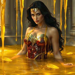 A stunning depiction of Wonder Woman bathing in a pool of dripping gold