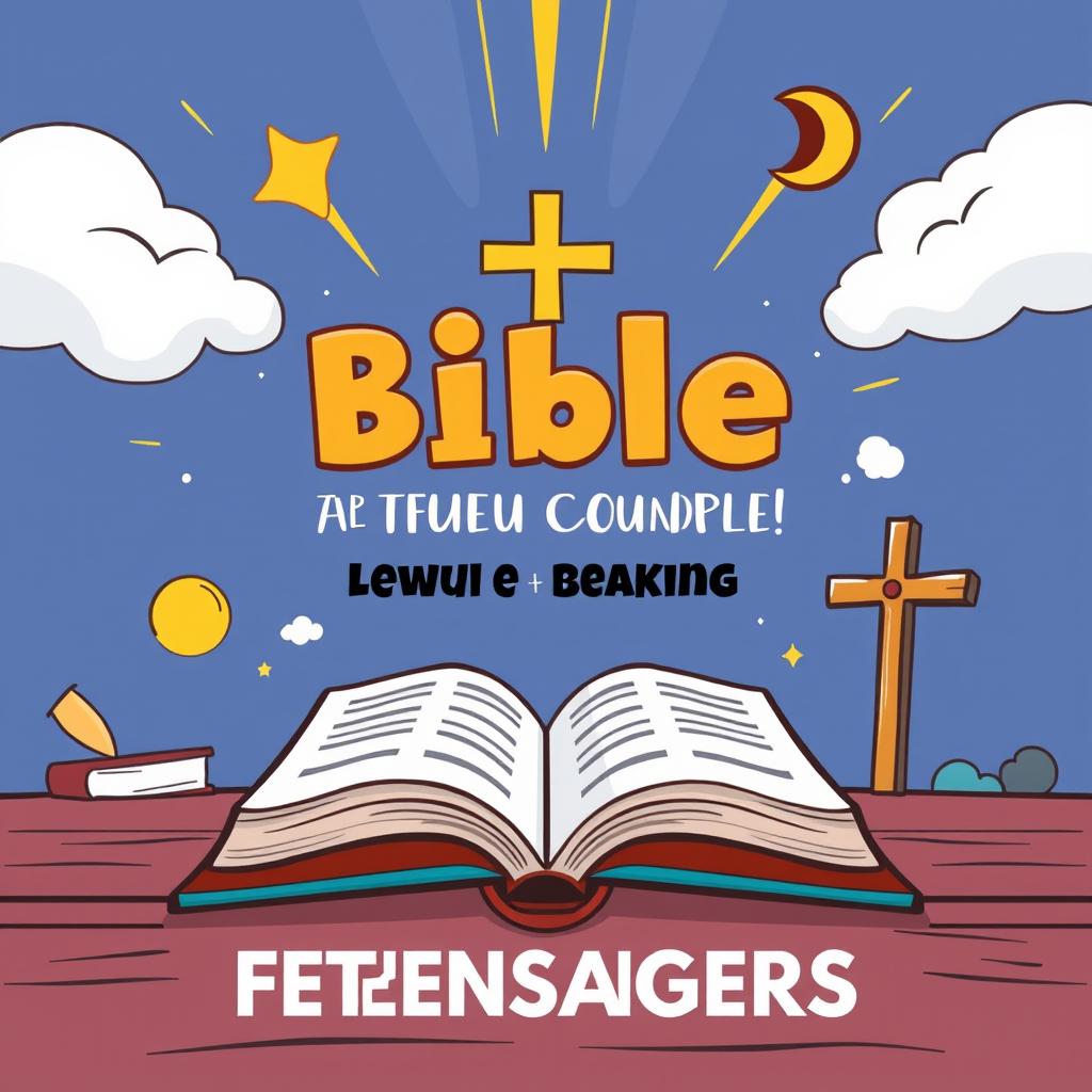 Create an A4-sized cover for a Bible study guide for teenagers in a cartoon style