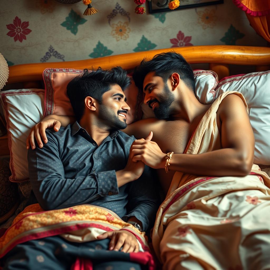 A romantic scene featuring two Indian men sharing an intimate moment in bed