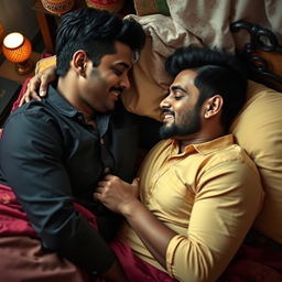 A romantic scene featuring two Indian men sharing an intimate moment in bed