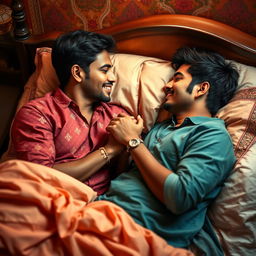 A romantic scene featuring two Indian men sharing an intimate moment in bed