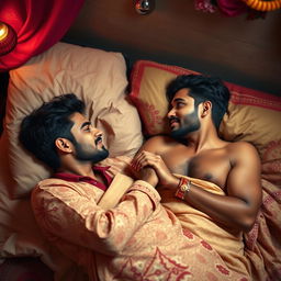 A romantic scene featuring two Indian men sharing an intimate moment in bed