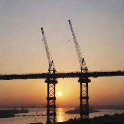 An immaculate view of a bridge under construction with soaring cranes against a sunset backdrop.