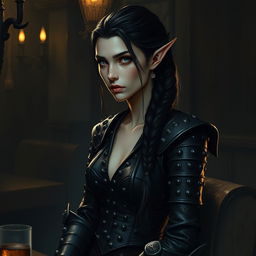 In the dim, flickering light of the tavern, a brooding elven woman occupies a shadowy corner, her presence both striking and unsettling