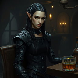 In the dim, flickering light of the tavern, a brooding elven woman occupies a shadowy corner, her presence both striking and unsettling