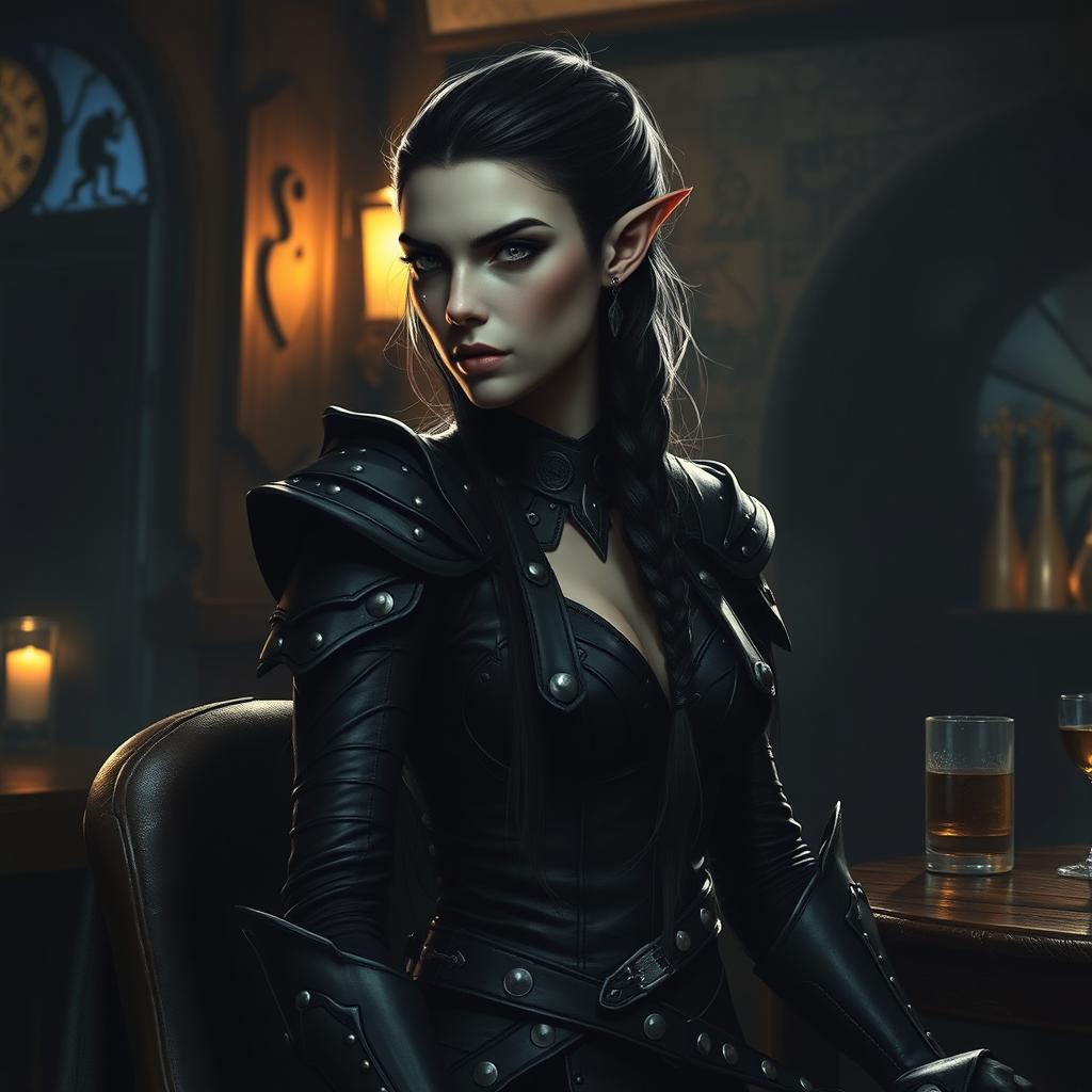 In the dim, flickering light of the tavern, a brooding elven woman occupies a shadowy corner, her presence both striking and unsettling