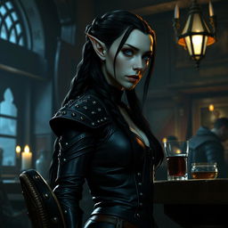 In the dim, flickering light of the tavern, a brooding elven woman occupies a shadowy corner, her presence both striking and unsettling