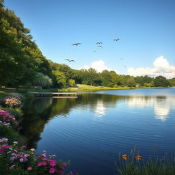 A serene landscape featuring a calm lake surrounded by lush green trees and colorful flowers