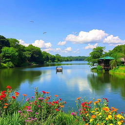 A serene landscape featuring a calm lake surrounded by lush green trees and colorful flowers