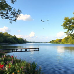 A serene landscape featuring a calm lake surrounded by lush green trees and colorful flowers