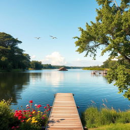 A serene landscape featuring a calm lake surrounded by lush green trees and colorful flowers