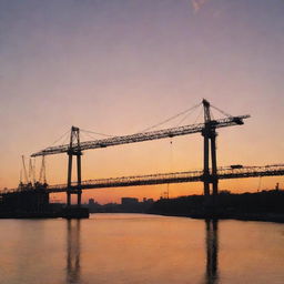 An immaculate view of a bridge under construction with soaring cranes against a sunset backdrop.