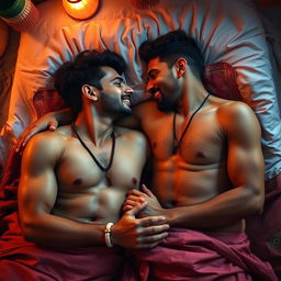 A romantic scene featuring two Indian men sharing an intimate moment in bed with bare bodies