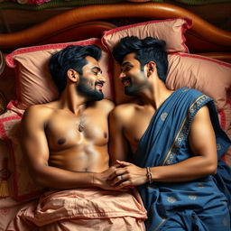 A romantic scene featuring two Indian men sharing an intimate moment in bed with bare bodies