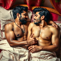 A romantic scene featuring two Indian men sharing an intimate moment in bed with bare bodies