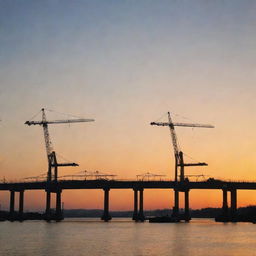 An immaculate view of a bridge under construction with soaring cranes against a sunset backdrop.