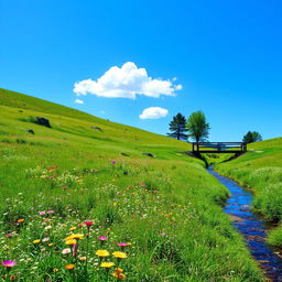 A serene landscape featuring a lush green meadow with colorful wildflowers, a clear blue sky with a few fluffy white clouds, and a gentle stream flowing through the scene