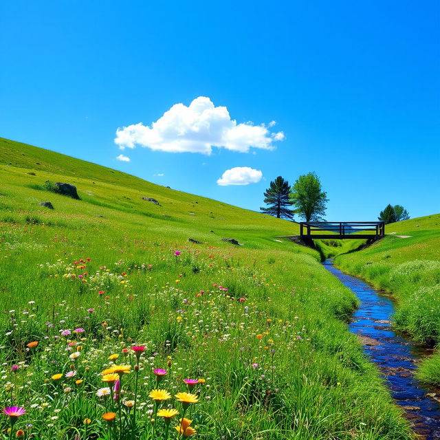 A serene landscape featuring a lush green meadow with colorful wildflowers, a clear blue sky with a few fluffy white clouds, and a gentle stream flowing through the scene