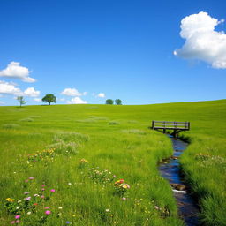 A serene landscape featuring a lush green meadow with colorful wildflowers, a clear blue sky with a few fluffy white clouds, and a gentle stream flowing through the scene