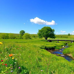 A serene landscape featuring a lush green meadow with colorful wildflowers, a clear blue sky with a few fluffy white clouds, and a gentle stream flowing through the scene