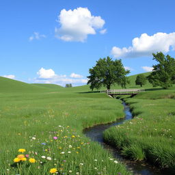 A serene landscape featuring a lush green meadow with colorful wildflowers, a clear blue sky with a few fluffy white clouds, and a gentle stream flowing through the scene