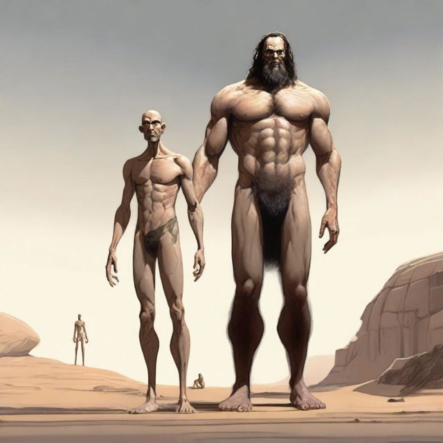 A tall, hairy giant who is thin and has visible obliques stands behind a small, thin, petite, hairless man