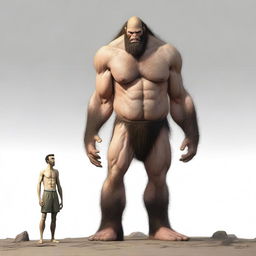 A tall, hairy giant who is thin and has visible obliques stands behind a small, thin, petite, hairless man