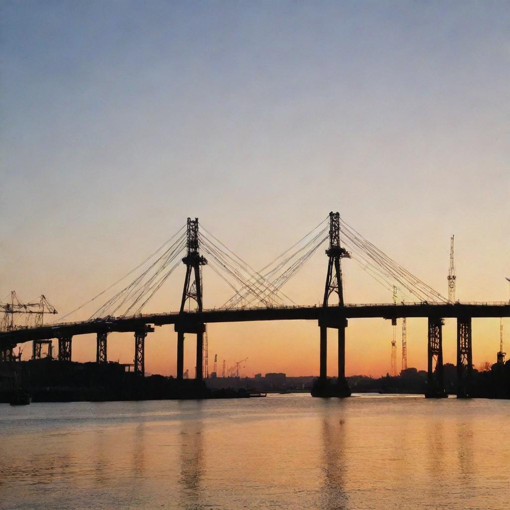 An immaculate view of a bridge under construction with soaring cranes against a sunset backdrop.