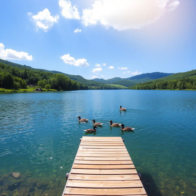 A serene landscape featuring a clear blue lake surrounded by lush green trees and rolling hills under a bright, sunny sky with a few fluffy clouds