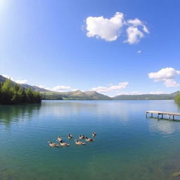 A serene landscape featuring a clear blue lake surrounded by lush green trees and rolling hills under a bright, sunny sky with a few fluffy clouds