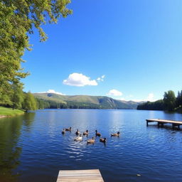 A serene landscape featuring a clear blue lake surrounded by lush green trees and rolling hills under a bright, sunny sky with a few fluffy clouds