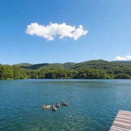 A serene landscape featuring a clear blue lake surrounded by lush green trees and rolling hills under a bright, sunny sky with a few fluffy clouds