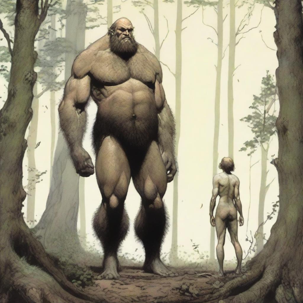 In the woods, a tall, hairy giant who is thin with visible obliques and low-hanging features stands behind a small, thin, petite, hairless man