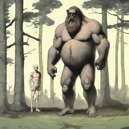 In the woods, a tall, hairy giant who is thin with visible obliques and low-hanging features stands behind a small, thin, petite, hairless man