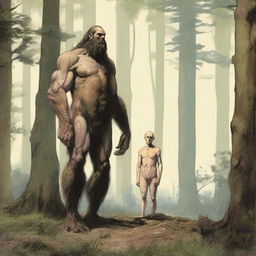 In the woods, a tall, hairy giant who is thin with visible obliques and low-hanging features stands behind a small, thin, petite, hairless man