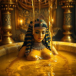 A majestic scene of Cleopatra bathing in dripping gold